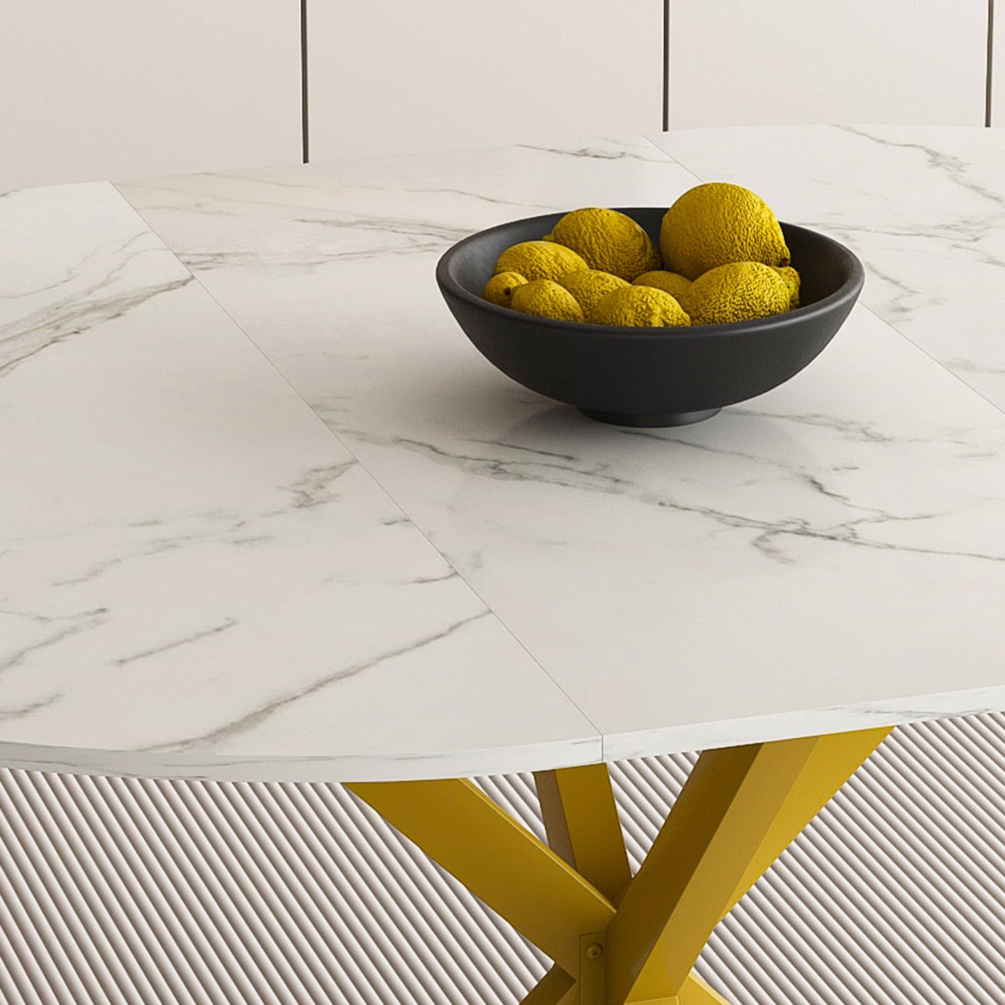 39F Inc. - Wholesale Side Table - Modern Round Dining Table with Extendable Blades, Carbon Steel X-Base, White Marble-Veined Top, MDF and Iron Construction, Fits 4-6 People5