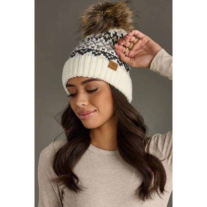 Panache Apparel Co. - Wholesale Beanie - Women's - Ivory, Gray & Tan Winter Pattern Pom Hat1