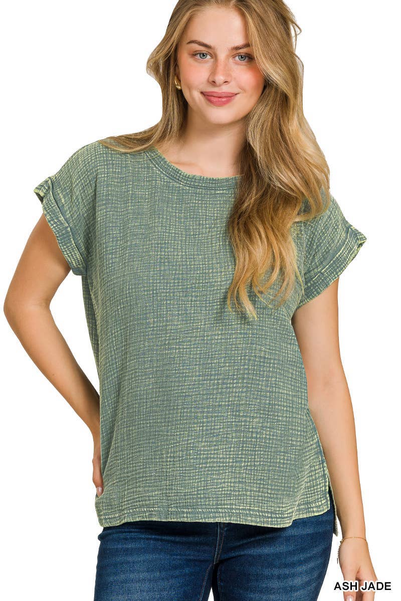 Vanilla Monkey - Vendita all'ingrosso Top in maglia - Donna - Top a maniche corte in doppia garza intrecciata lavata con acido1