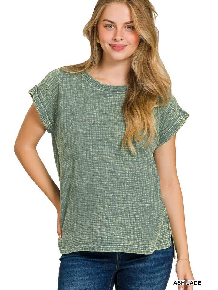 Vanilla Monkey - Vendita all'ingrosso Top in maglia - Donna - Top a maniche corte in doppia garza intrecciata lavata con acido1