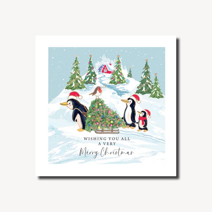 Albero di Natale con pinguino | Meraviglia invernale | Biglietto di Natale per la vendita all'ingrosso da parte di Marina B