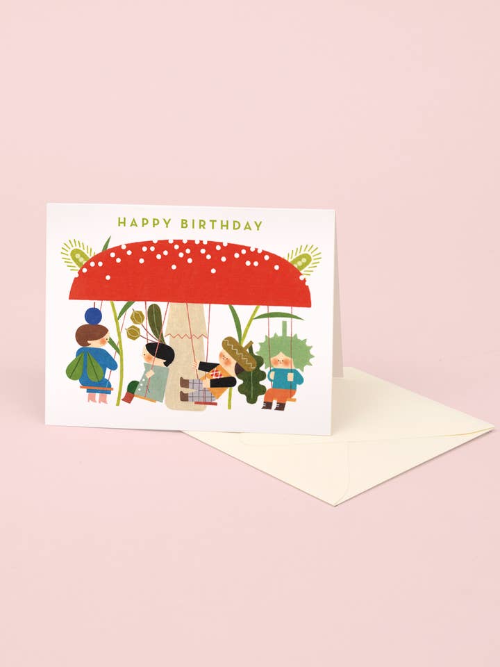Carte d'anniversaire Red Mushroom Swings pour la vente par Clap Clap