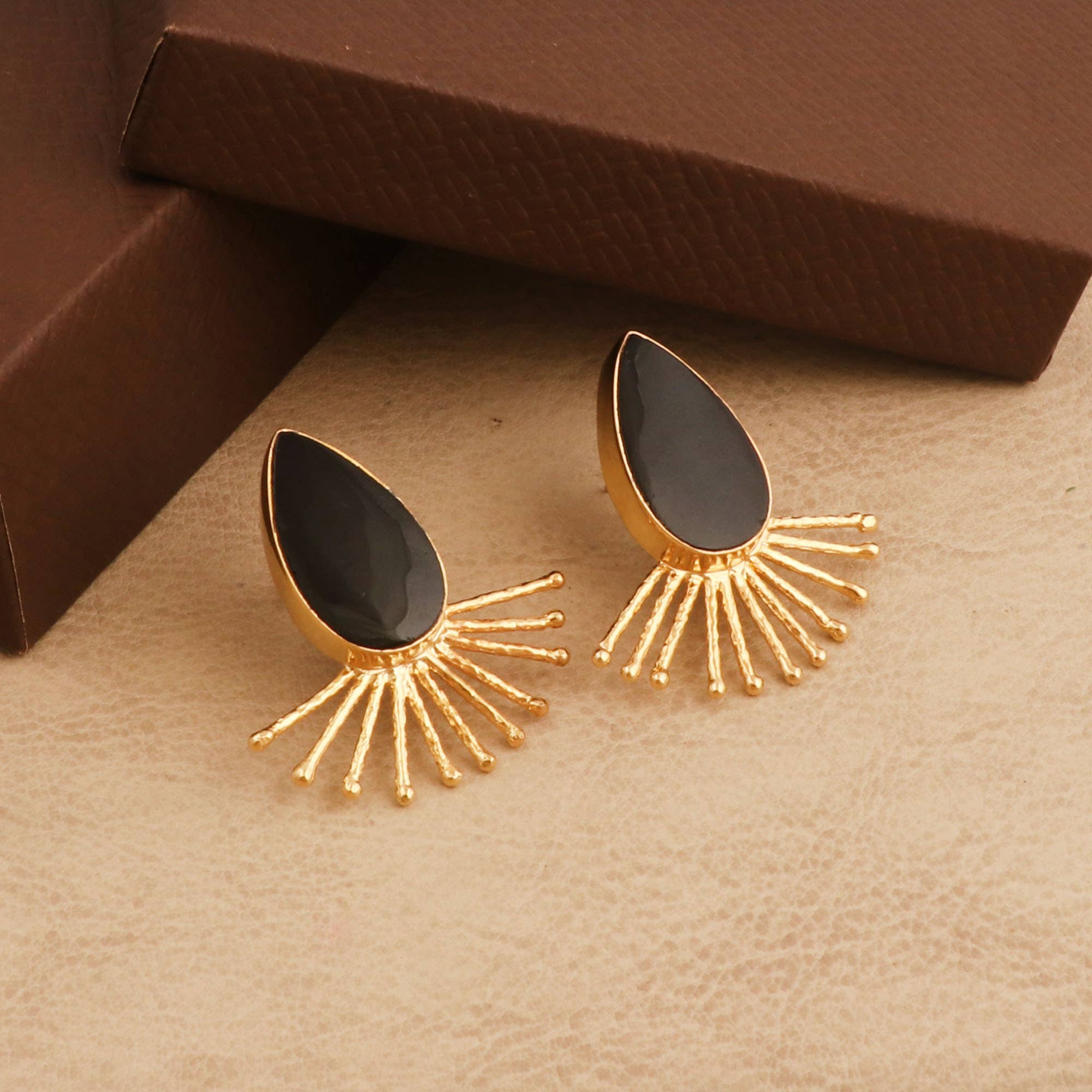 El Joyero - Wholesale Stud/Post Earrings - Black Onyx Sunburst Studs Handmade Statement Stud Earrings0