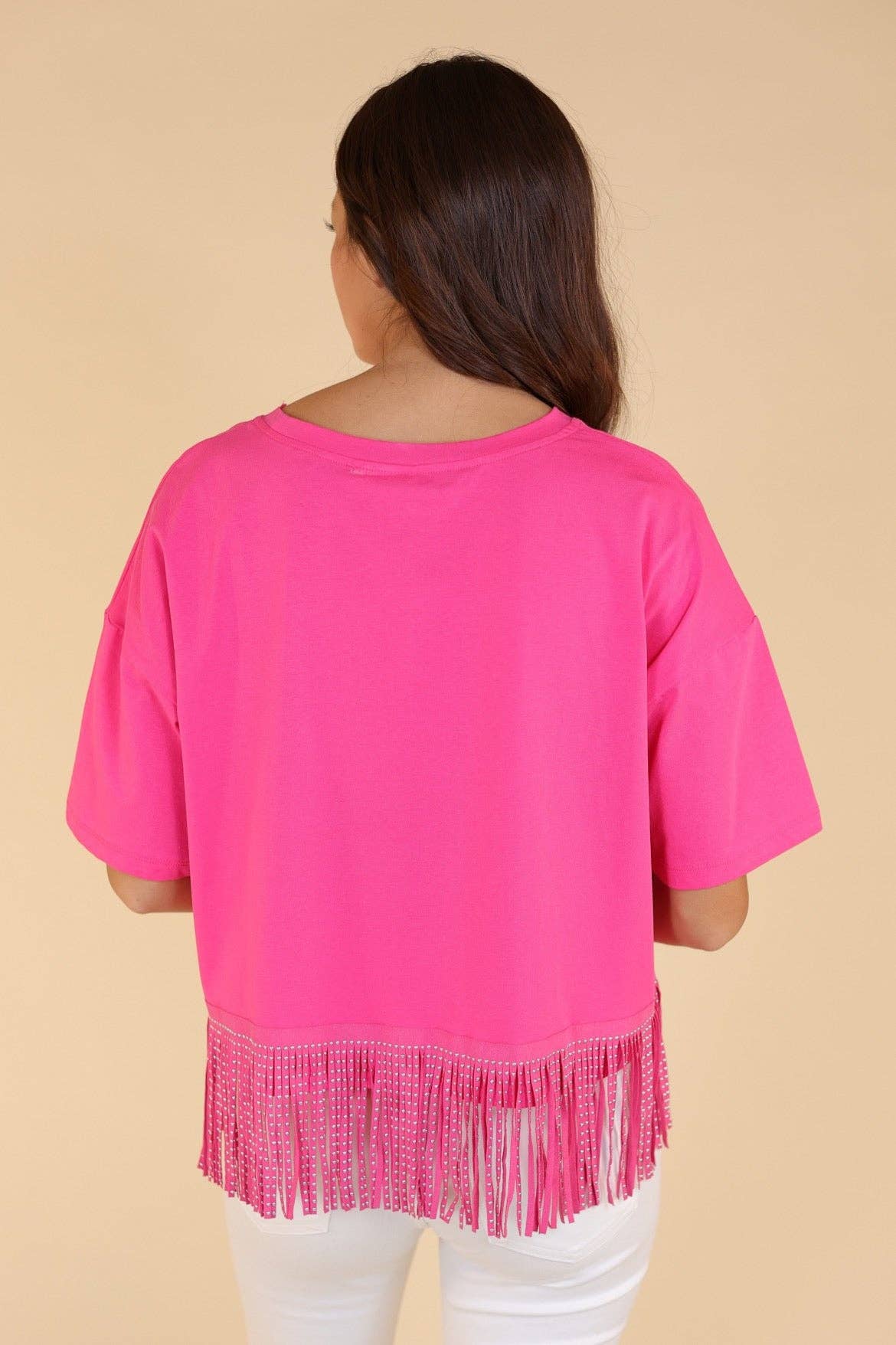 Here for the Show Studded Fringe Crop Top, Hot Pink for wholesale on Faire2