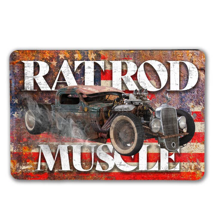 Rat Rod Muscle Distressed Sign for wholesale by Real Cool Stickers & Stuff