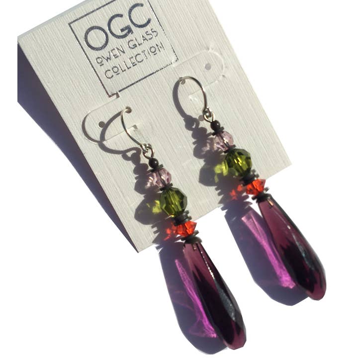 REVIVAL 9 - AMETHYST CHANDELIER GLASS, CRYSTAL EARRINGS for wholesale by Owen Glass Collection