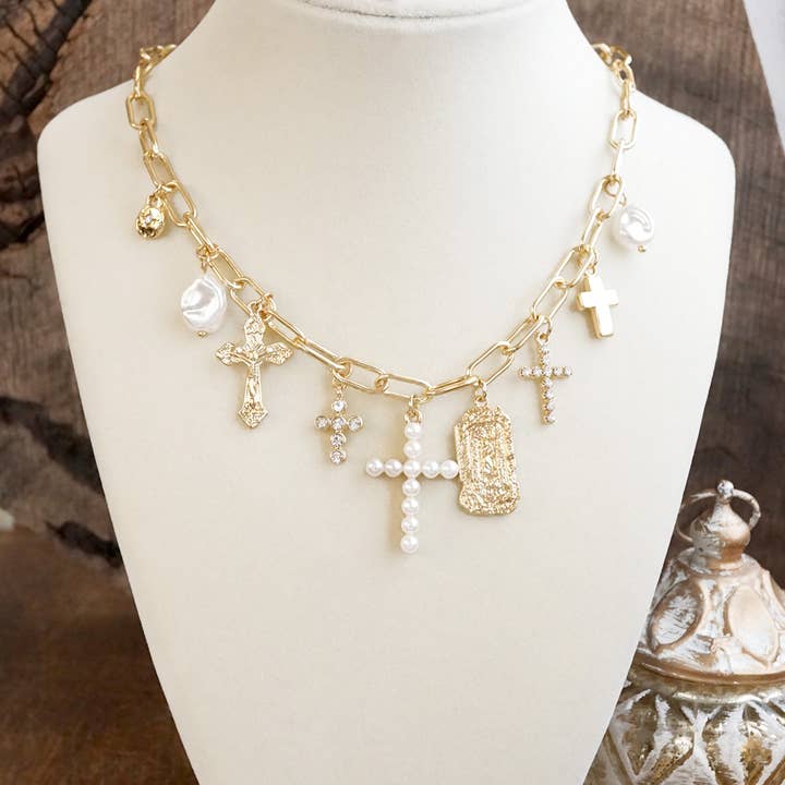 Radiant Faith – Mixed Charm Cascade Necklace in Gold Tone for wholesale by PennyLine inc