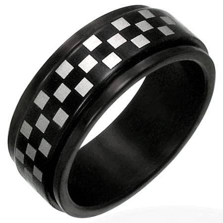 WJW - Wholesale Band/Stacked Ring - Black Checker Stainless Steel Spinner Ring3