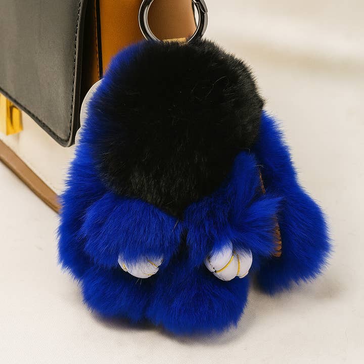 Cute Fluffy Bunny Rex Rabbit Keychain (Cobalt Blue and Black for wholesale by SHEEPSKIN ELITE