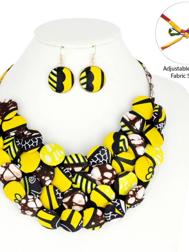 African Print Fabric Button Bib Necklace & Earring Set for wholesale by SP Sophia Collection