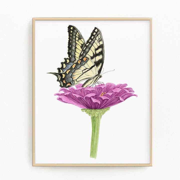 Tiger Swallowtail Butterfly and Zinnia Flower Print | Watercolor Swallowtail Painting for wholesale by Emilie Taylor