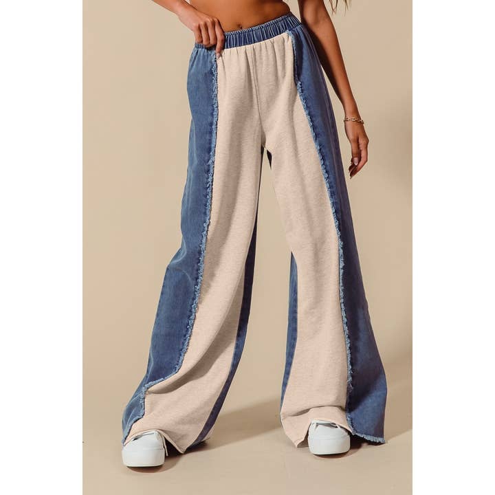 Distressed Denim Terry Block Wide Leg Pants for wholesale by IVE