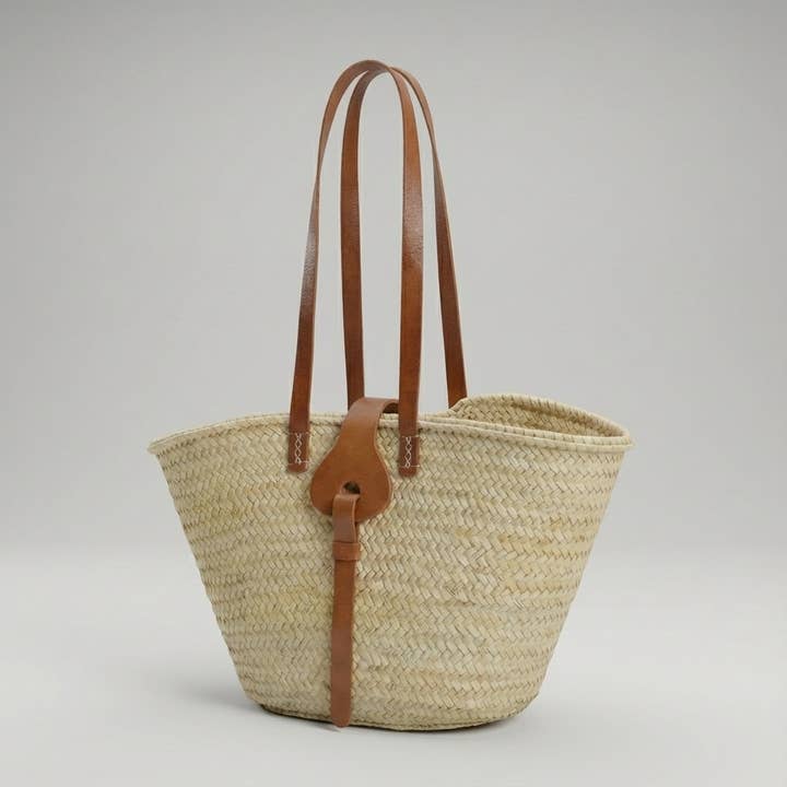 French Market Basket - Woven Straw & Leather Beach Tote for wholesale by Melecraft