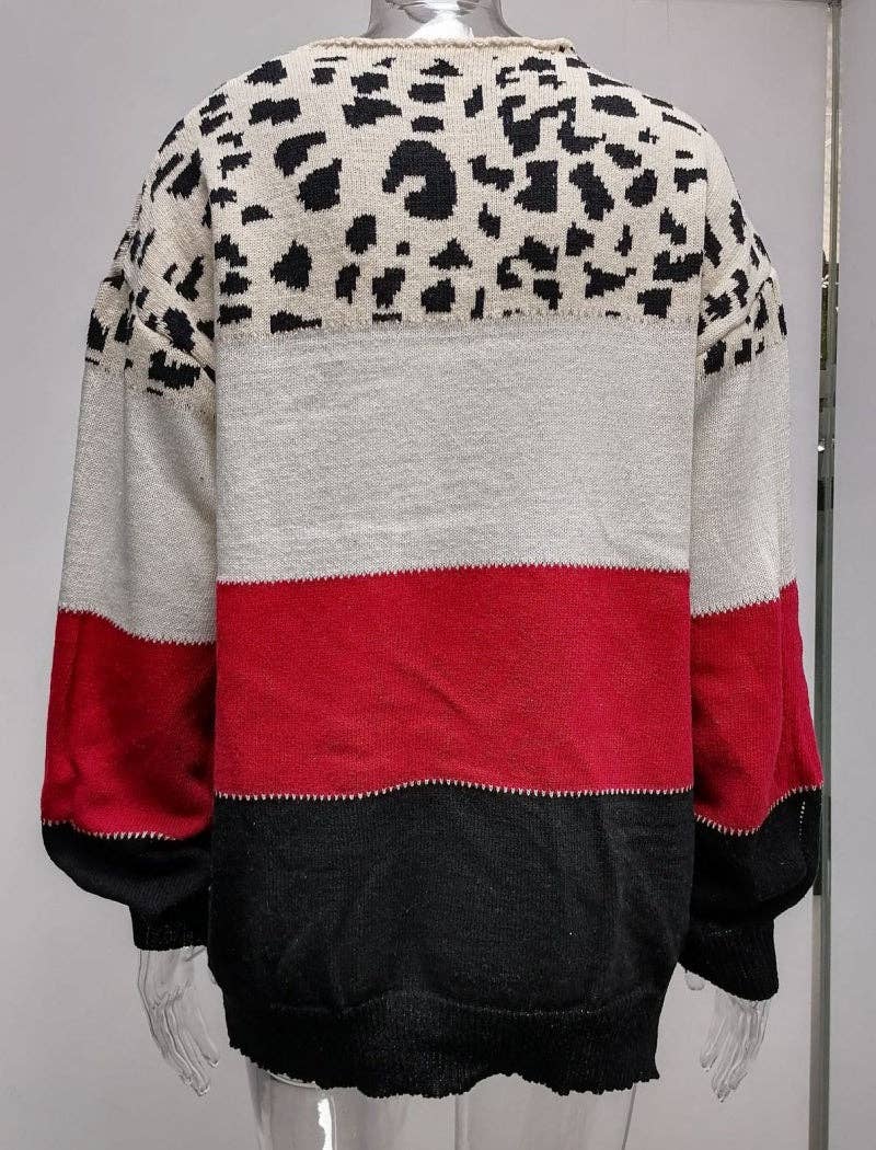 Masyal - Wholesale Knit Sweater - Women's - Leopard Print Colorblock Sweater with V-Neck1