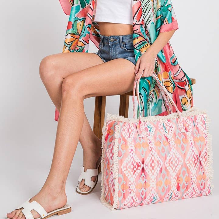 MiMi Wholesale - Wholesale Tote Bag - Women's - MB0203 Stella Boho Pattern Fringe Tote Bag