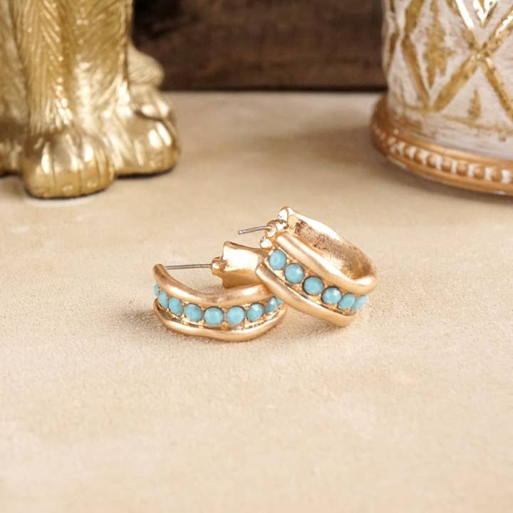 PennyLine inc - Wholesale Hoop Earrings - Minimalist Hoops with Faux Pearls or Turquoise – Brushed Gold