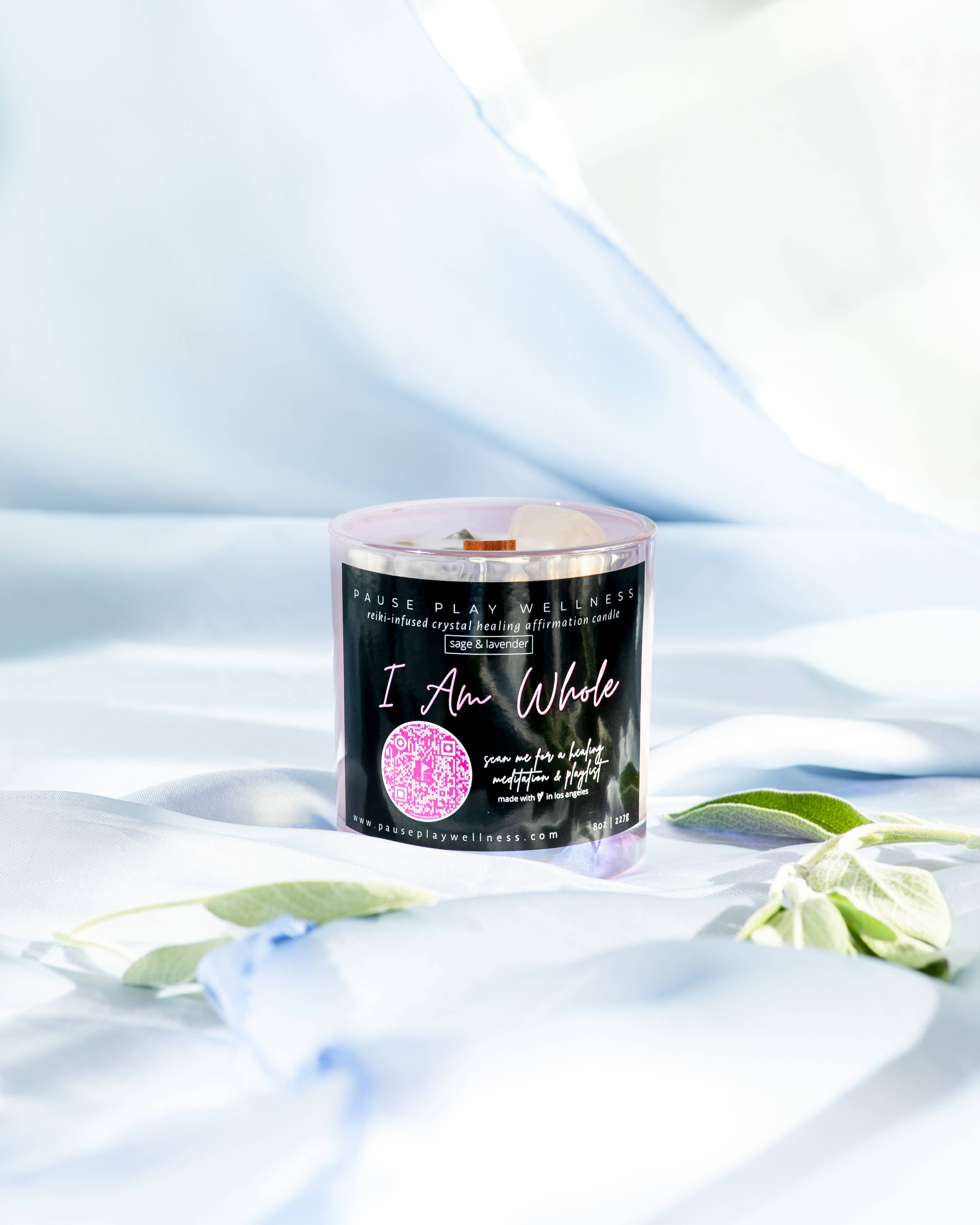 Pause Play Wellness – wholesale Jar/filled candle – "I Am Whole" Candle with QR Code-Linked Meditation