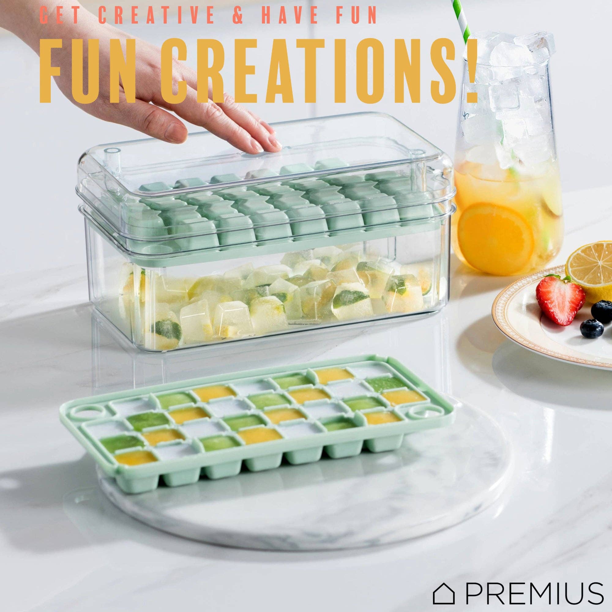 ShopBobbys - Wholesale Ice Tray/Mold - PREMIUS 2 Tray Ice Cube Tray with Container and Scoop, Green-Clear3