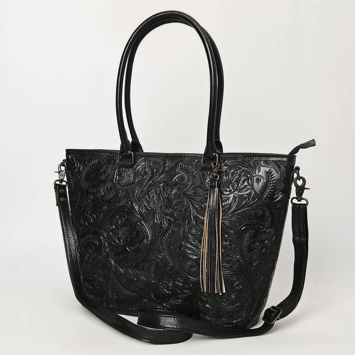 ADBG1480 American Darling Hand Tooled Western Leather Tote Bag with Floral Carving & Tassel Genuine Leather for wholesale by LS Western