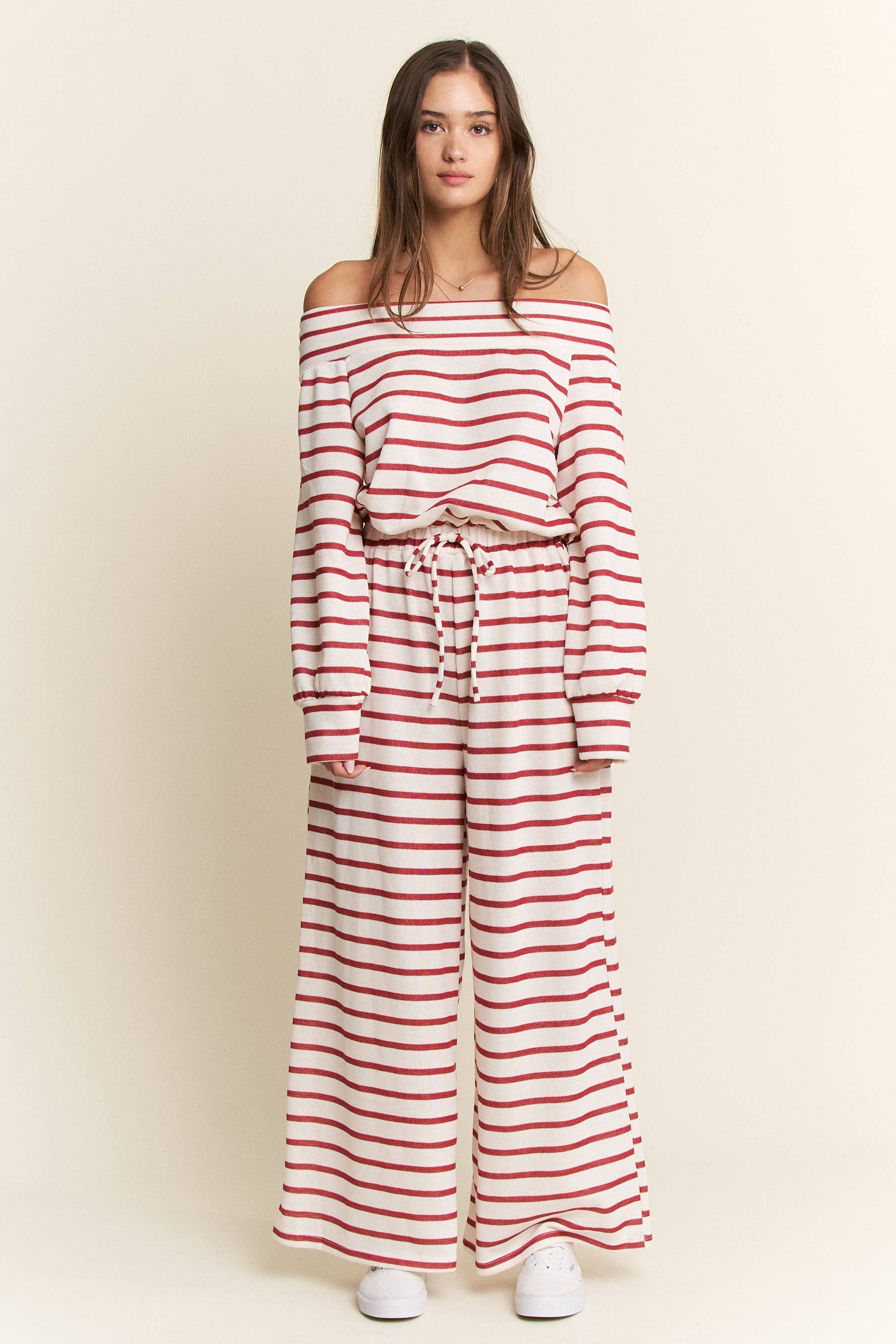 JADE BY JANE - Wholesale Jumpsuit - Women's - PLUS SIZE OFF-SHOULDER STRIPED TERRY JUMPSUIT6
