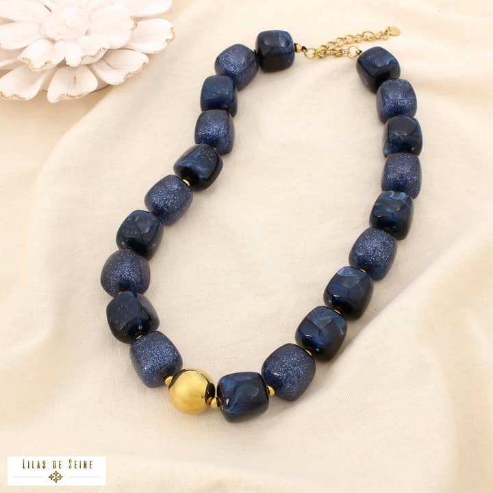 Stainless steel cubic necklace with marbled resin glitter 0125582 for wholesale by Lilas de Seine