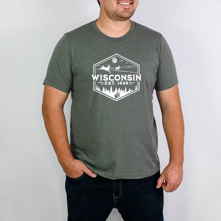 Wisconsin Men Graphic Tee, Wisconsin Men Shirts, WI Tees for wholesale by Autumn Rose Co.