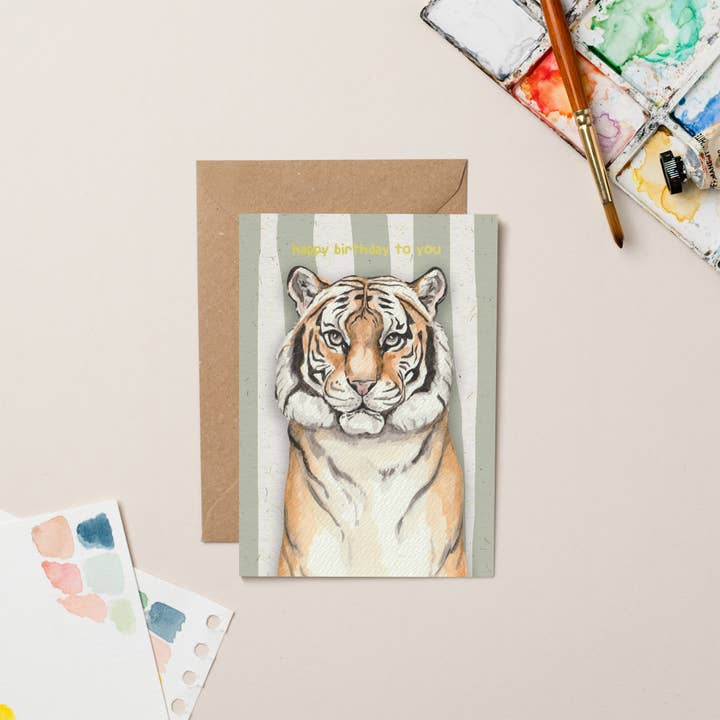 Carte d'anniversaire tigre avec feuille d'or pour la vente par lil wabbit