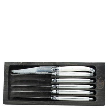 The French Farm - Wholesale Knife Set - Jean Dubost 6 Steak Knives with White Handles in Black Tray0