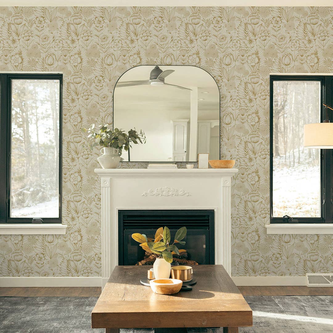 Homestead Floral Gold Peel and Stick Wallpaper, 28 sq. ft. for wholesale on Faire3