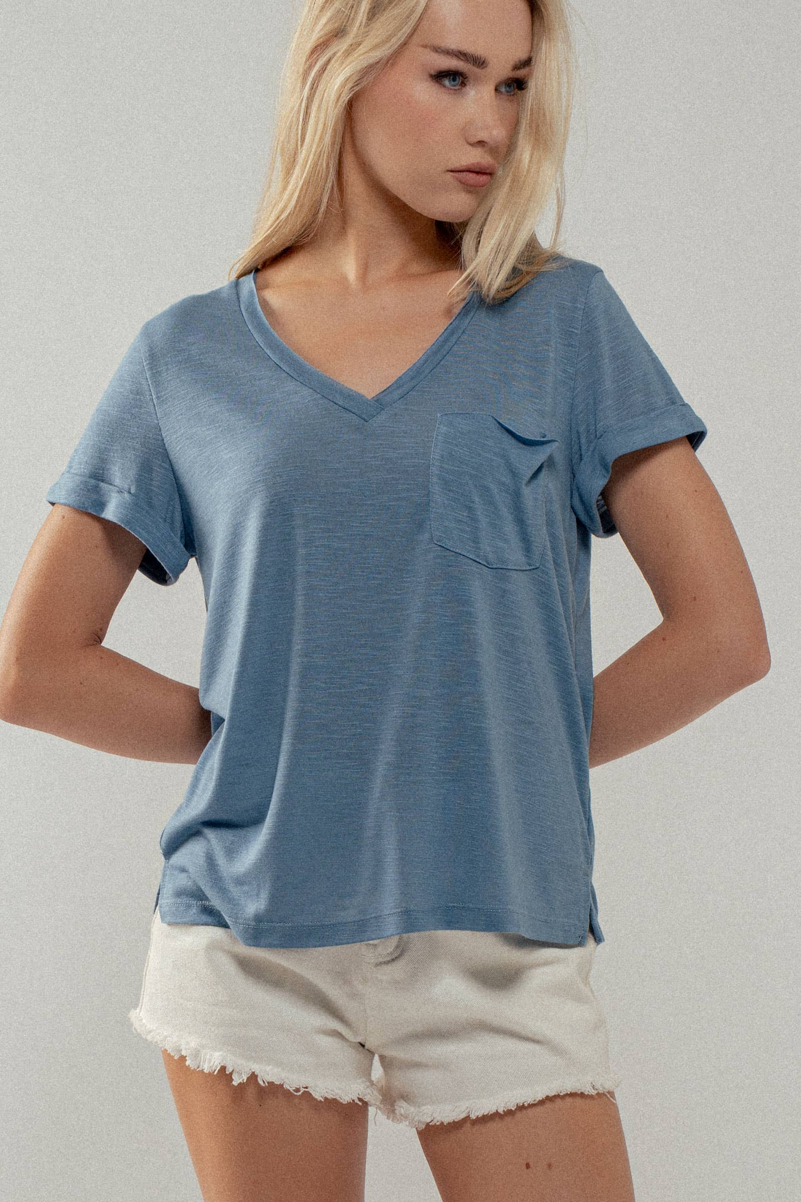 Urban Daizy - Wholesale T-Shirt - Women's - Rolled Sleeve V-Neck Pocket Tee30