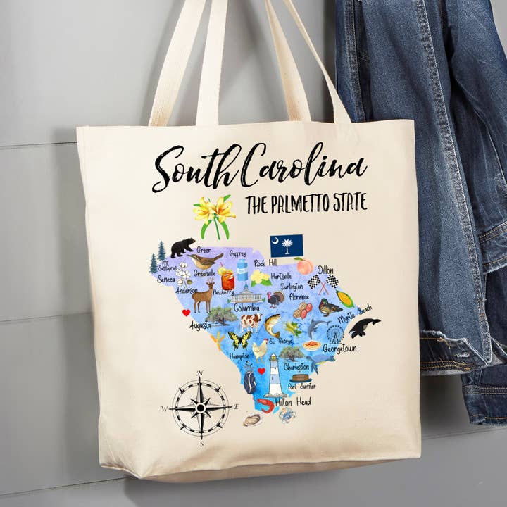 South Carolina State Map Souvenir 12 oz Canvas Tote Bag for wholesale by Avery Lane Gifts