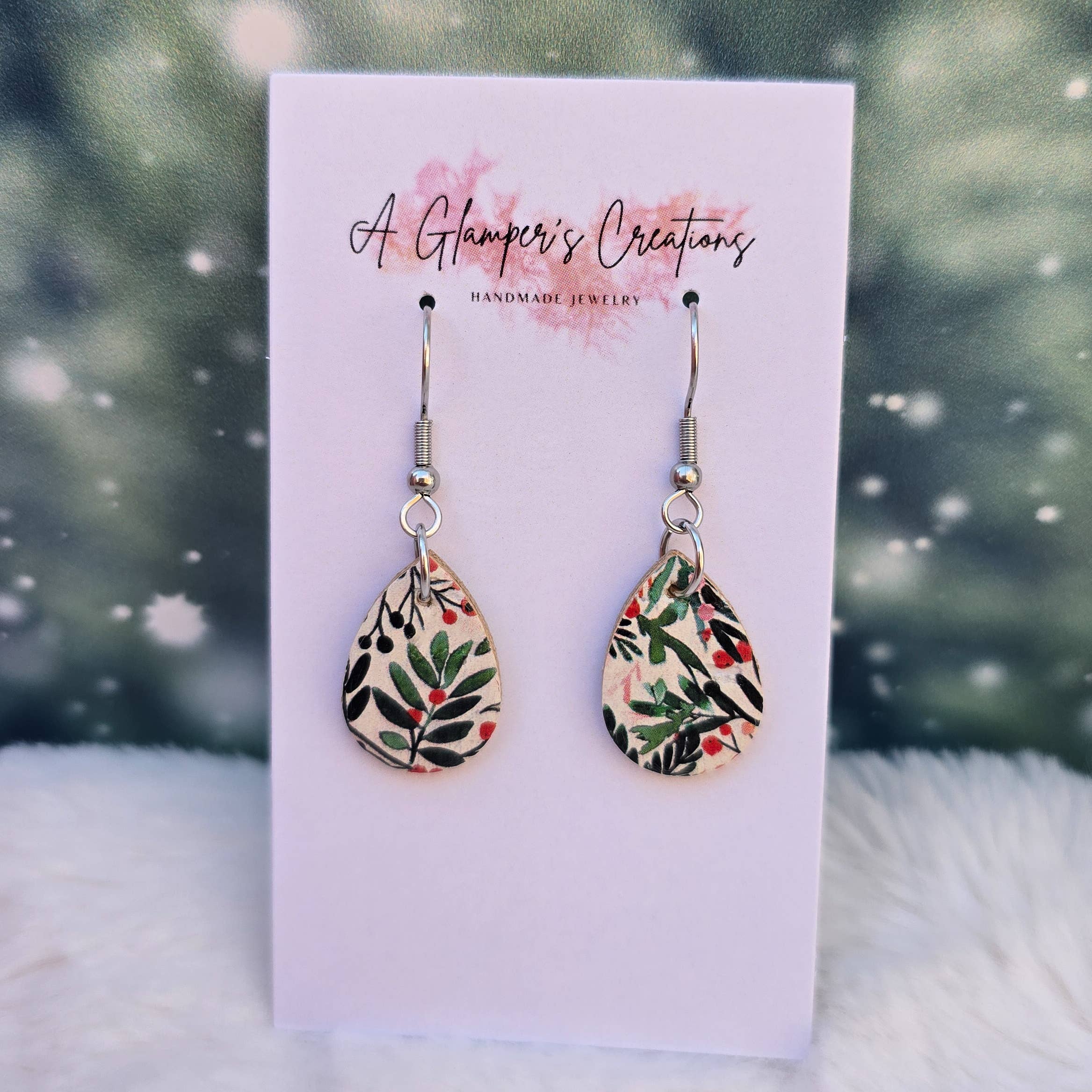 A Glamper's Creations LLC - Wholesale Dangle Earrings - Christmas Holly & Berries MINI Teardrop Leather Earrings1