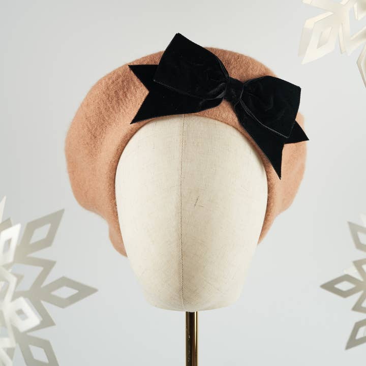 Camel Beret with Black Velvet Ribbon Bow for wholesale by Imogen's Imagination