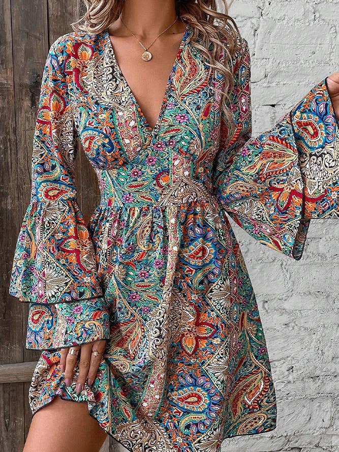 Multi Floral Printed Flare Sleeves V Neck Dress for wholesale on Faire