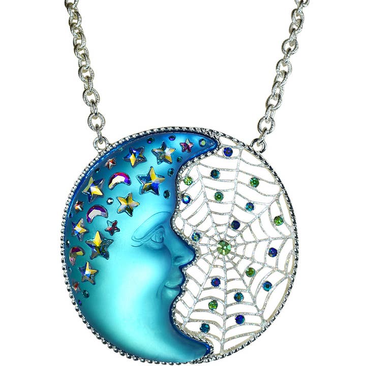 Venus Mystic Moon Shadow Dreamcatcher Ornament/Necklace (Sterling Silvertone/Blue Sphinx) for wholesale by Kirks Folly