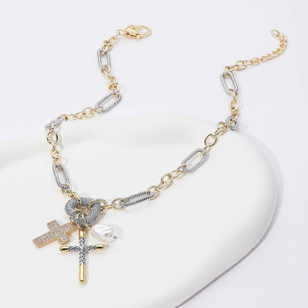 Sensibling Corp. – Colar pingente/pendente por atacado – Colar com Pendente Cruz Coração em Dois Tons Banhado a Ouro 14K com Zircônia Cúbica0