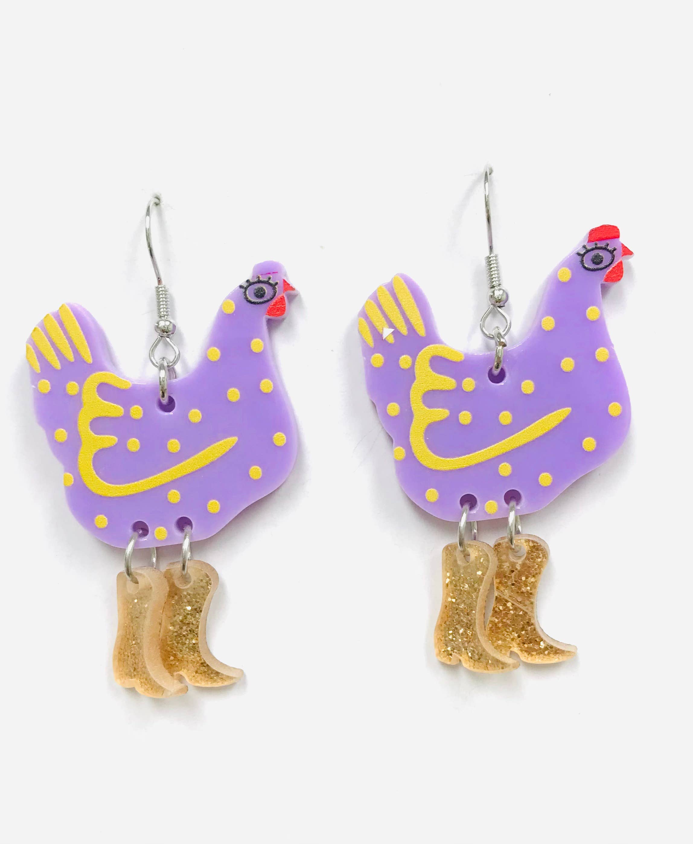 SimpleNGreat - Vendita all'ingrosso Orecchini pendenti - Orecchini in acrilico lavanda con gallina con stivali
