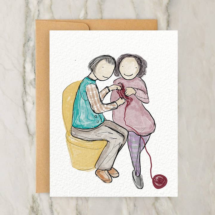 Two People Knitting Together 4x5" Greeting Card for wholesale by Hudson Illustration Co - About Town Co