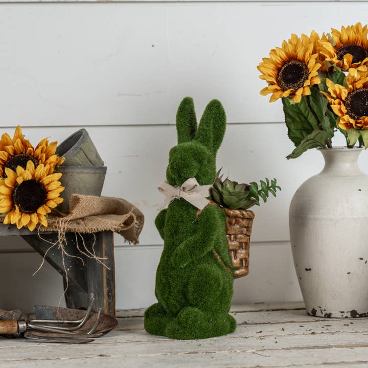 15" FLOCKED MOSS BUNNY W/ BASKET for wholesale by Ragon House