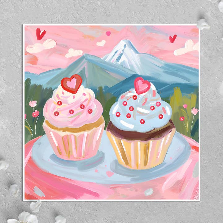 Valentines Card: Two Mountain Cupcakes & Hearts, I Love You for wholesale by KalooMoon Art