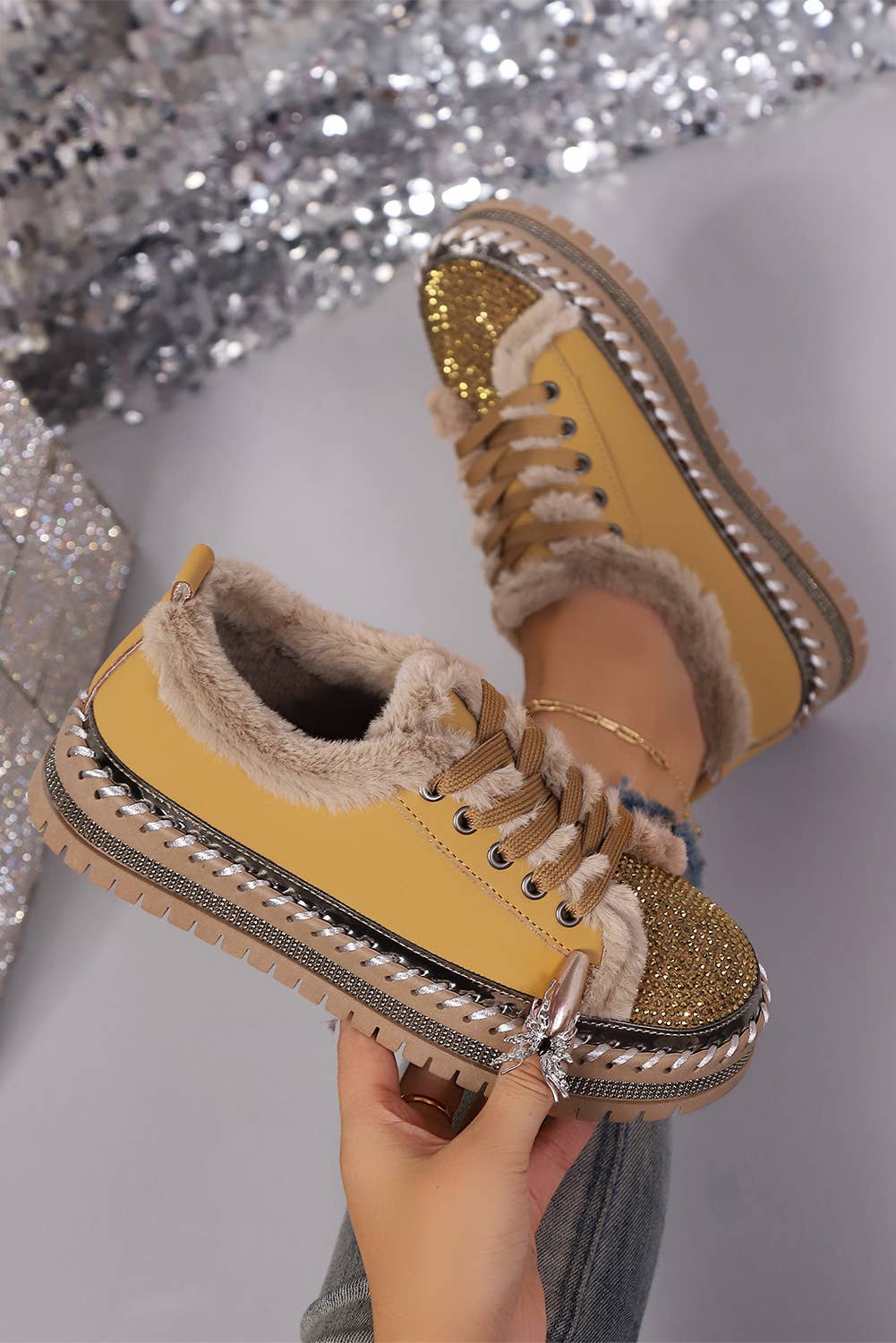 As shown Rhinestone Decor Faux Fur Lining Lace-Up Flat Shoes | US6-10 for wholesale on Faire4