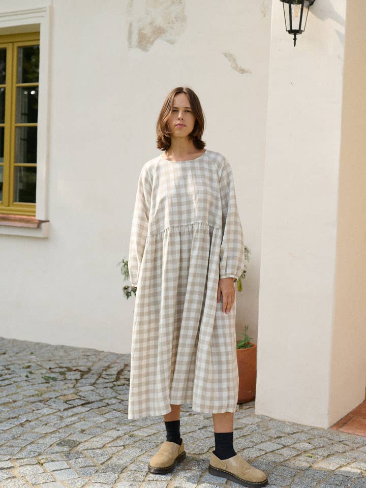 Maxi Linnen Gingham Jurk Margo voor wholesale door Linenfox