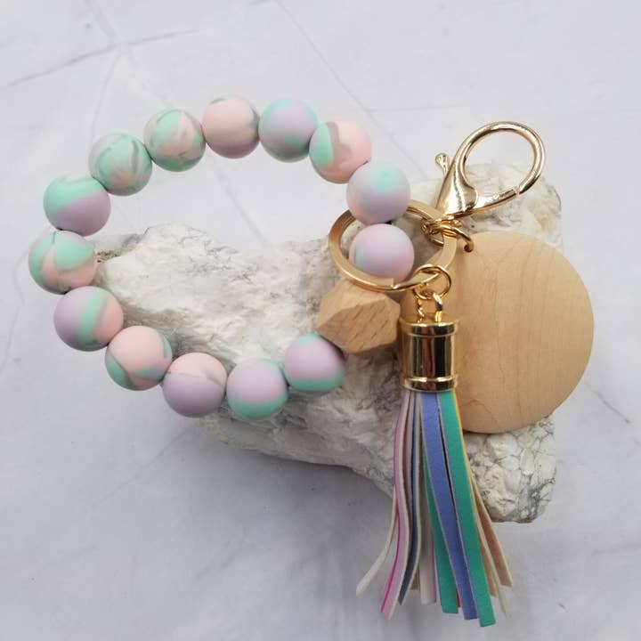 The Pretty Jewellery - Wholesale Keychain Bracelet - Tie-dye Silicone Bead Bracelet Keychain With Wood Disk3