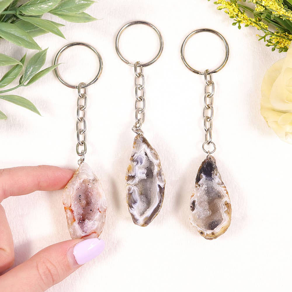 Natural Agate Geode Key Chain | Gemstone Key Chain for wholesale by Natures Artifacts Inc
