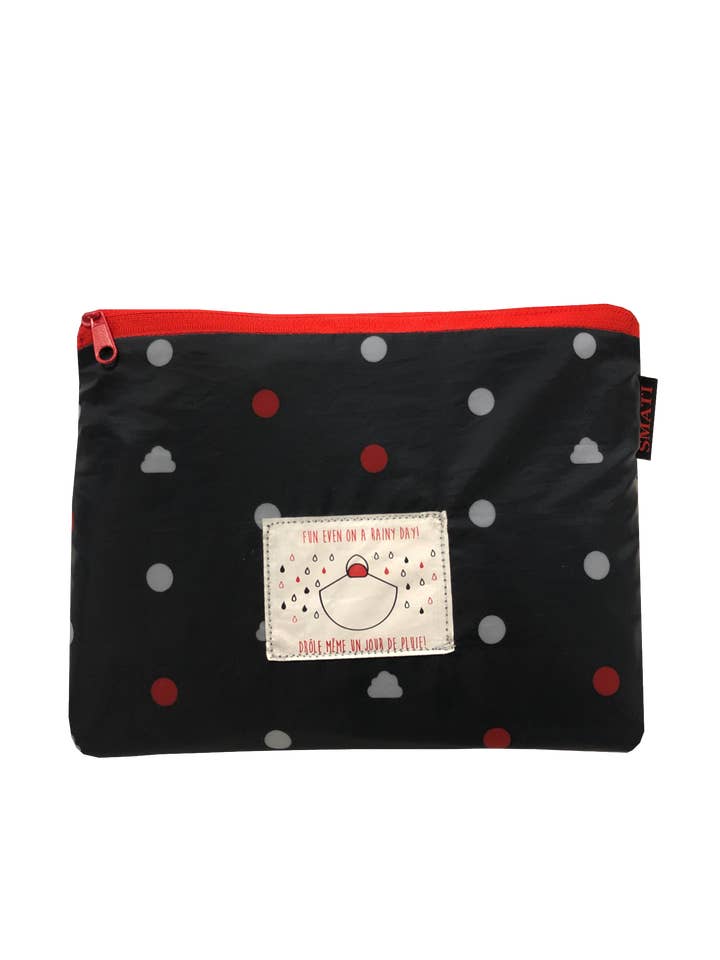 SMATI - Wholesale Poncho - Unisex - Black Rain Poncho with Cloud Dots in Red and White - Unisex