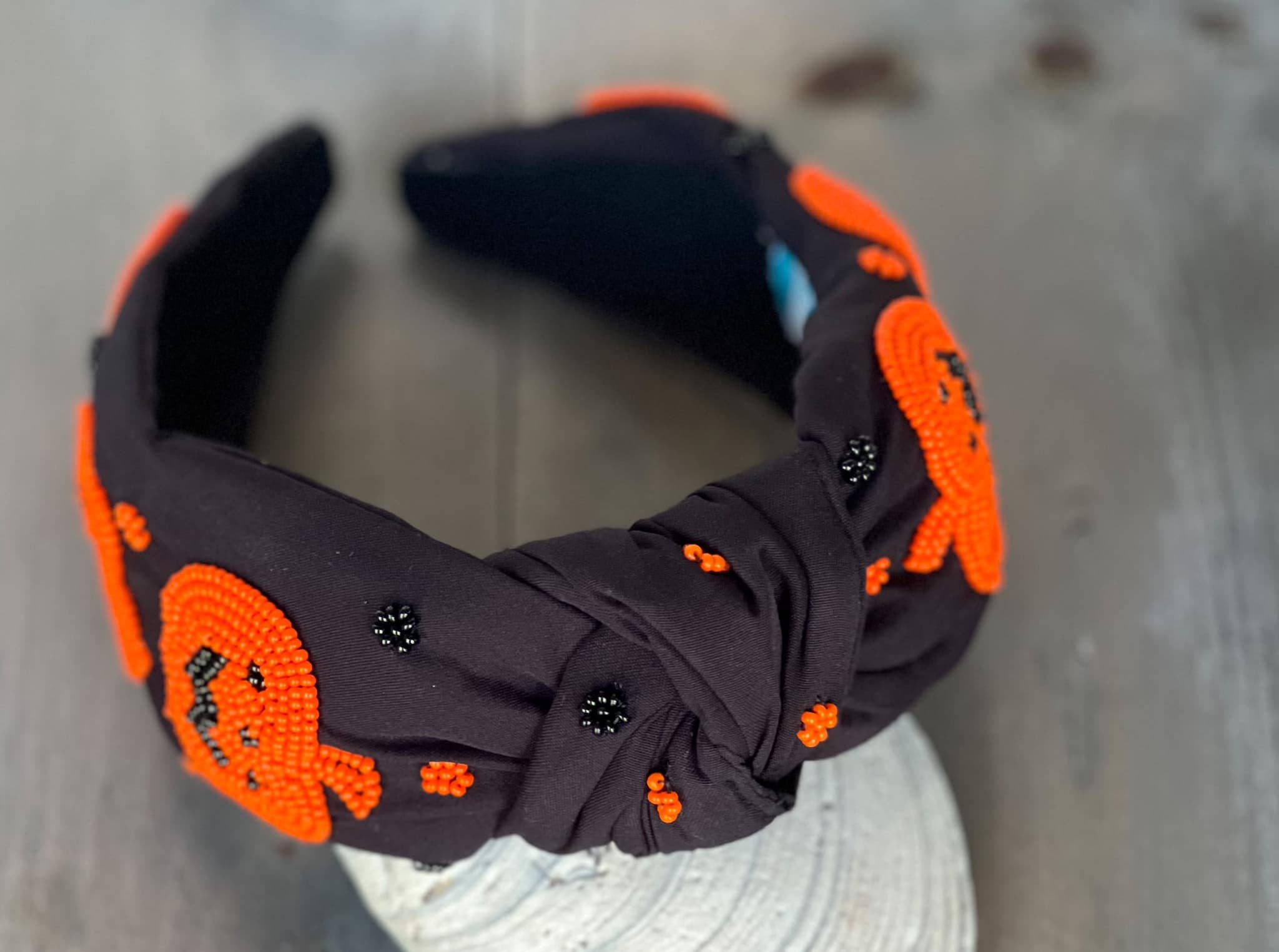 OBX Prep – wholesale Pannband - Dam – Jack O' Lantern Pumpkin Top Knot Beaded Handgjort pannband1