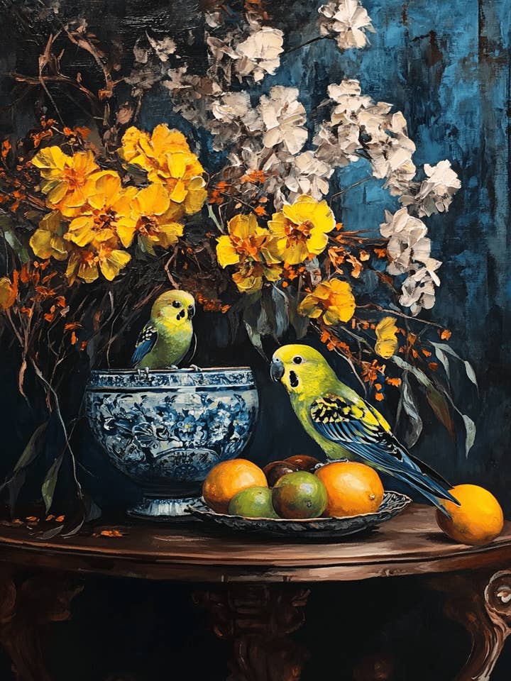 Coppia di Parrocchetti - Stampe d'Arte di Natura Morta Animale – Opera d'Arte 8″x10″ per Cornice 11″x14″ per la vendita all'ingrosso da parte di Mowbi