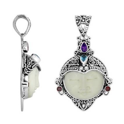 AP-8014-CO1 Sterling Silver Bone Face Pendant With Red Garnet Quartz, Blue Topaz Quartz And Amethyst Quartz In Ornate Balinese Crown Design for wholesale by Bali Designs