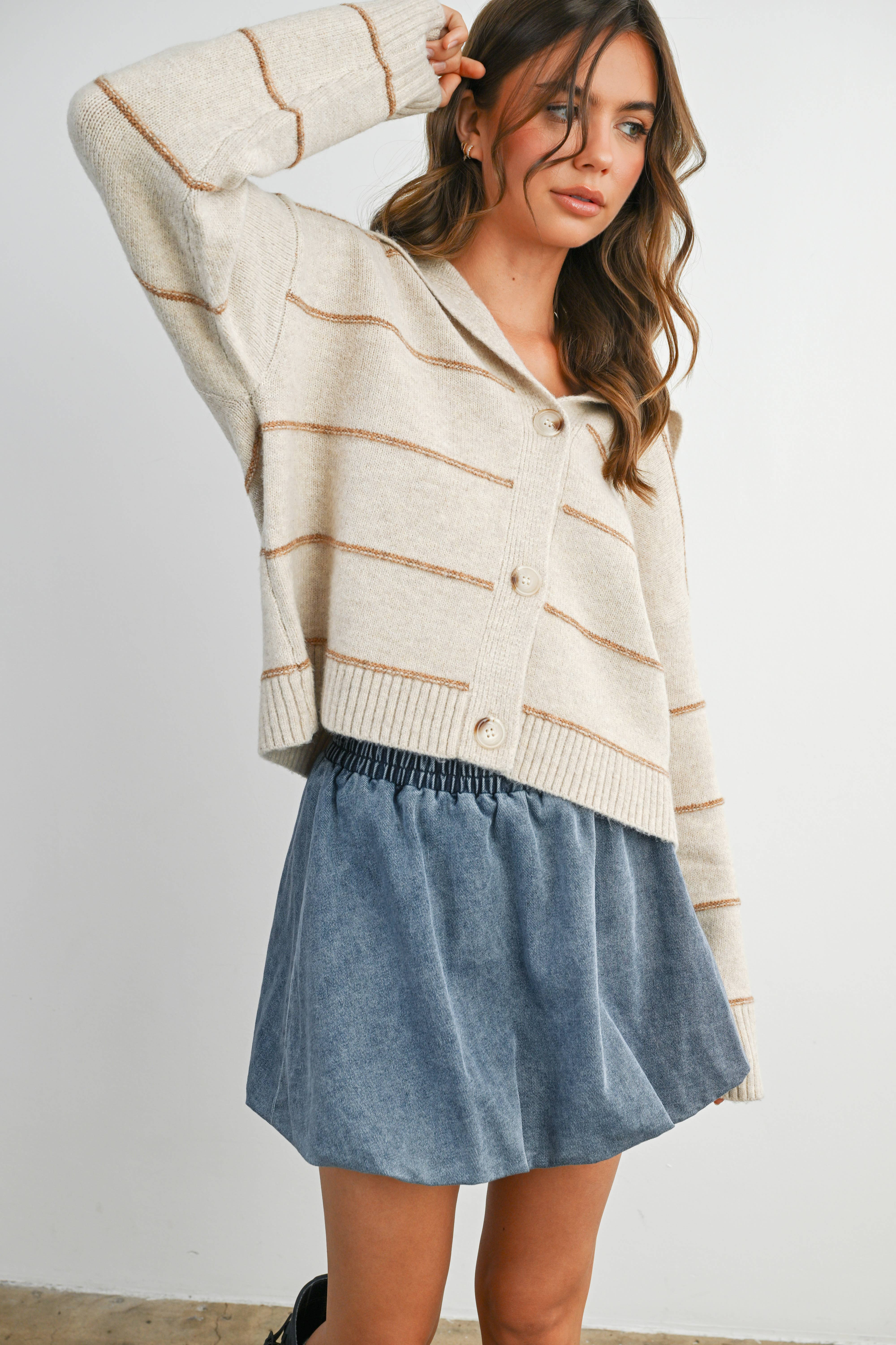 BUTTERMELON - Wholesale Knit Sweater - Women's - Button-Up Striped Collared Long Sleeve Top - BMC78835