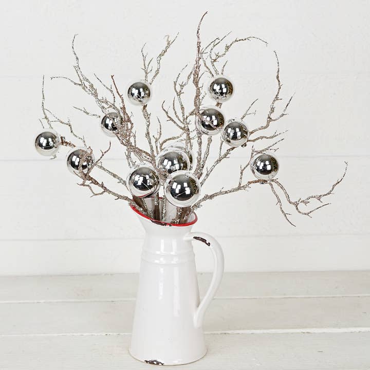 29768- 20in Glitter Twig Pick with Balls-Silver for wholesale by Holiday Depot Inc.